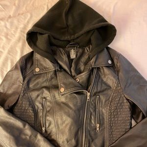 Rue 21 Black Faux Leather Jacket w/Hood